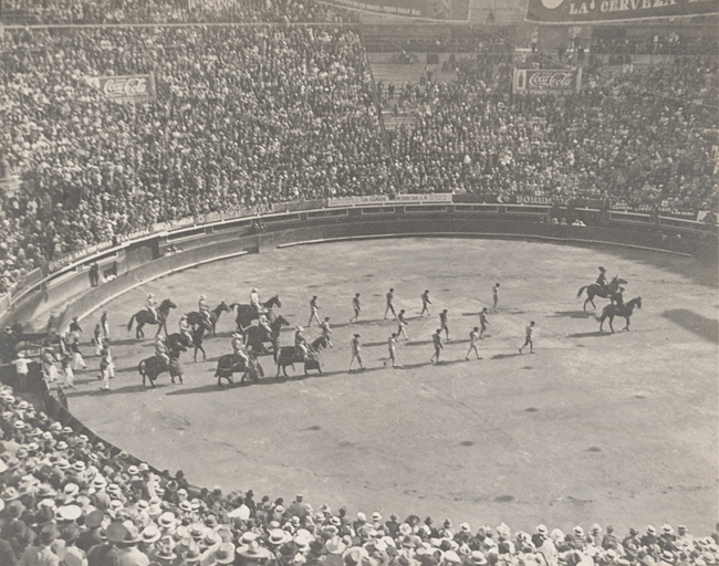 spectator-filled arena with bullfighters and horses