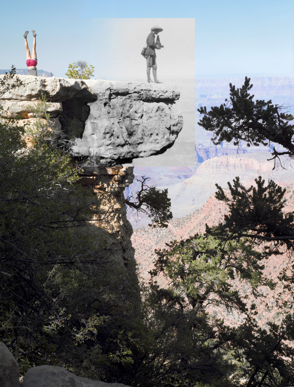 Woman on head and photographer with camera; unknown dancer and Alvin Langdon Coburn at Grand View Point, 2009.  Right inset: Photographer unknown, ca. 1911.