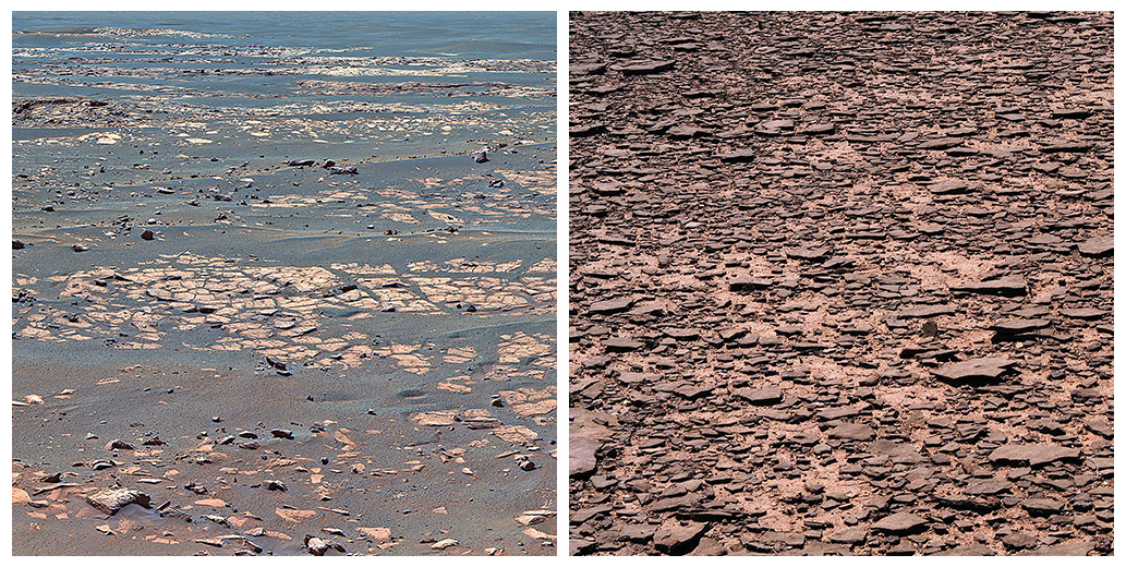 (left): Meridian Planum, Mars, scale about 50m (NASA Opportunity Rover); (right): Rock, dry river bed, Sunset Crater NP, AZ, scale about 200m (Stephen Strom) 