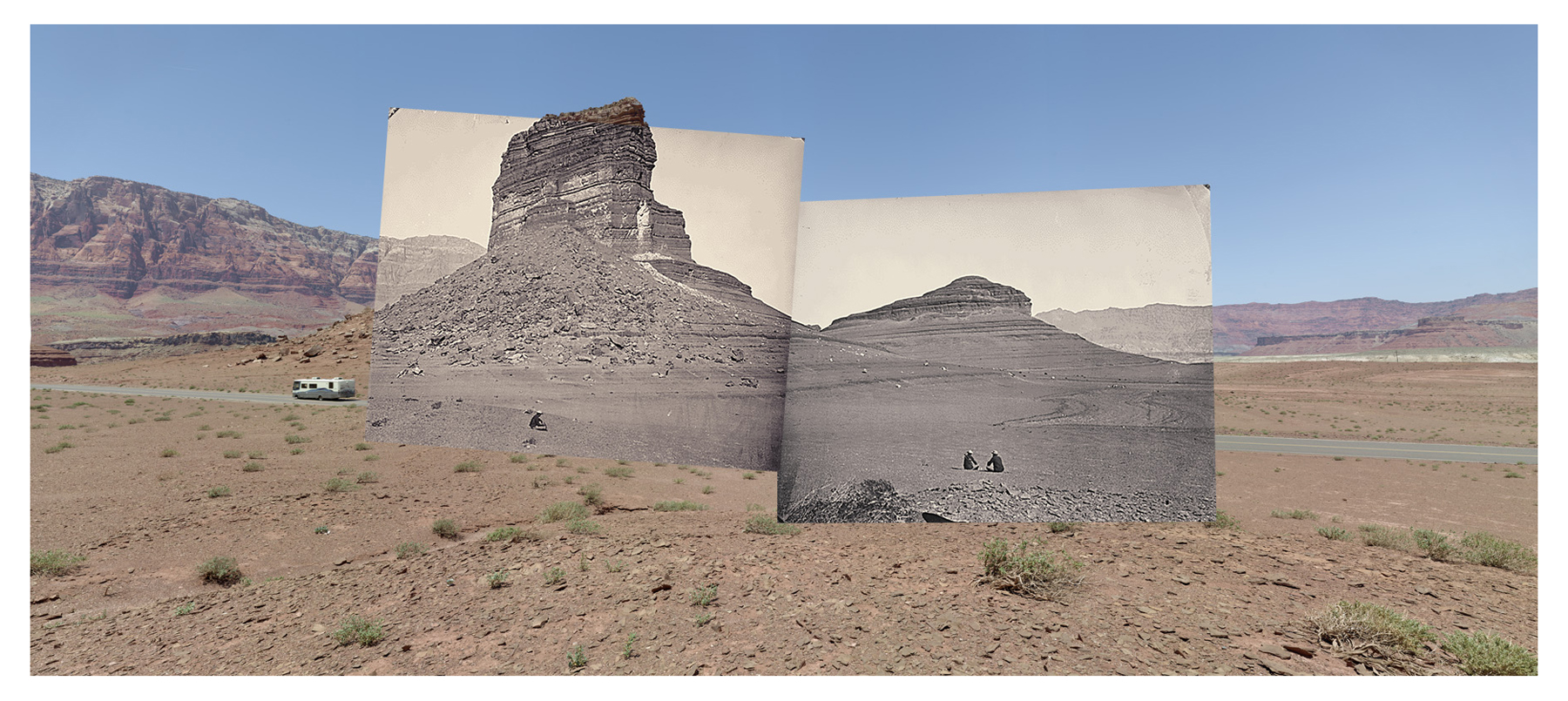 Rock formations on the road to Lee's Ferry, AZ, 2008.  Left Inset: William Bell, 1872. Plateau North of the Colorado River near the Paria.  Right Inset: William Bell, 1872. Headlands North of the Colorado River. 